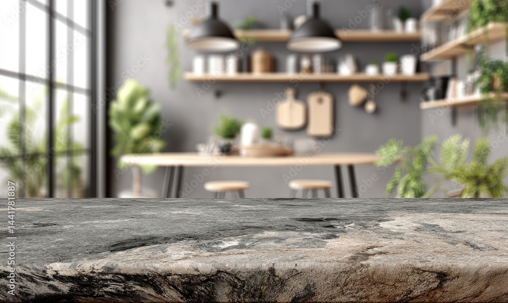 Kitchen countertop view, blurred background
