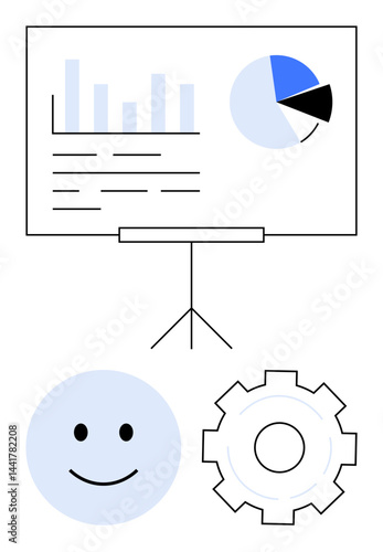 Graphs, pie chart, gear, and happy face on a whiteboard stand, representing data, productivity, teamwork, business growth performance user satisfaction. Ideal for analytics reports goals simple