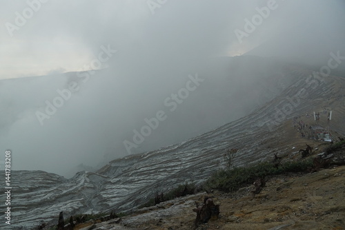 Volcanic eruption exploration ijen crater nature documentary foggy environment aerial view geological phenomena