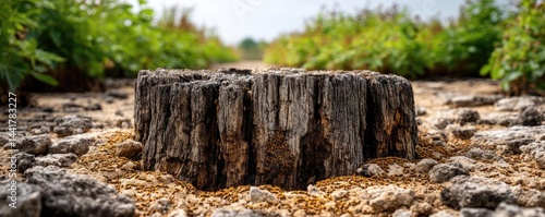 Wallpaper Mural Tree stump symbolizing habitat loss due to illegal logging concept. A weathered stump in a dry landscape surrounded by greenery. Torontodigital.ca