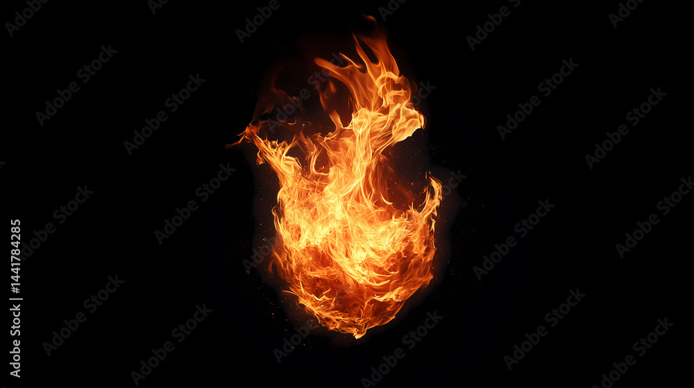 An energetic fireball against a black background. Fire glowing in orange and yellow tones. An energetic fireball against a black background. Fire glowing in orange and yellow tones.