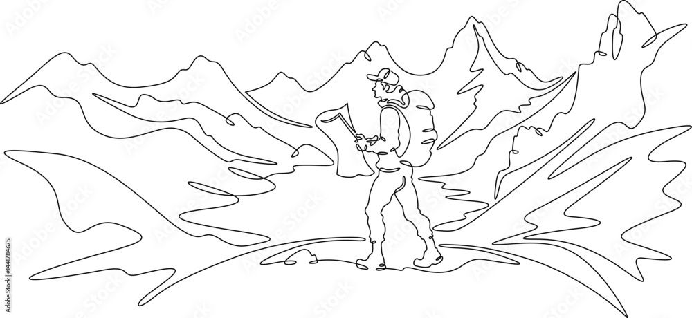 Obraz premium Continuous one line drawing tourist with a map. Traveler with a backpack and in shorts against the background of mountains. Mountain landscape.One continuous line isolated minimal illustration.Not AI.