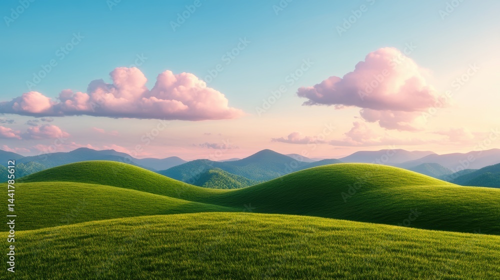 Obraz premium illustration of Summer fields landscape with a dawn,Rainbow, green grass hills, bright color blue sky, country background,banner resting vacation.