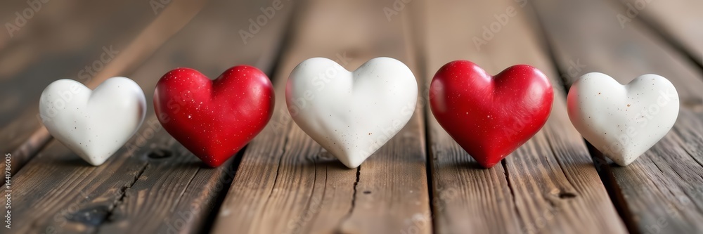 Fototapeta premium Minimalist white hearts contrasted with red hearts on rustic wooden floor, love, Valentine's Day, romance