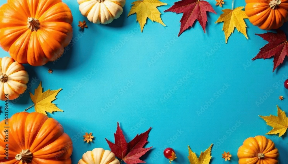 Scattered pumpkins & autumn leaves arranged artistically on a bright blue , arrangement, vintage Scattered pumpkins & autumn leaves arranged artistically on a bright blue , arrangement, vintage