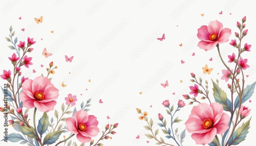 Fototapeta premium Charming white background adorned with delicate watercolor clipart.