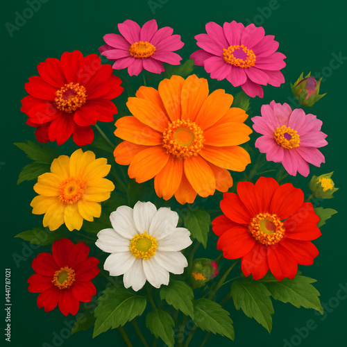 Burst of Zinnia: A vibrant arrangement of colorful zinnia blossoms in full bloom, showcasing an array of hues from radiant red to sunny yellow, set against a rich green backdrop.