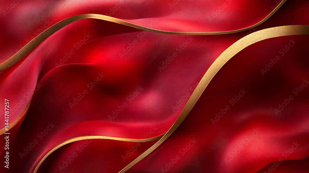 Obraz premium Elegant wavy red silk fabric with golden trim abstract background design perfect for luxury themes and festive celebrations or holiday season
