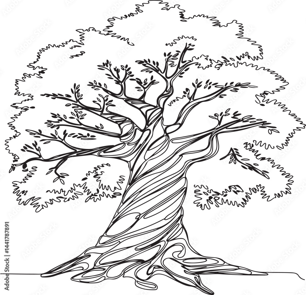 Ταπετσαρία Black linear design illustration of a giant and powerful tree with a thick trunk
