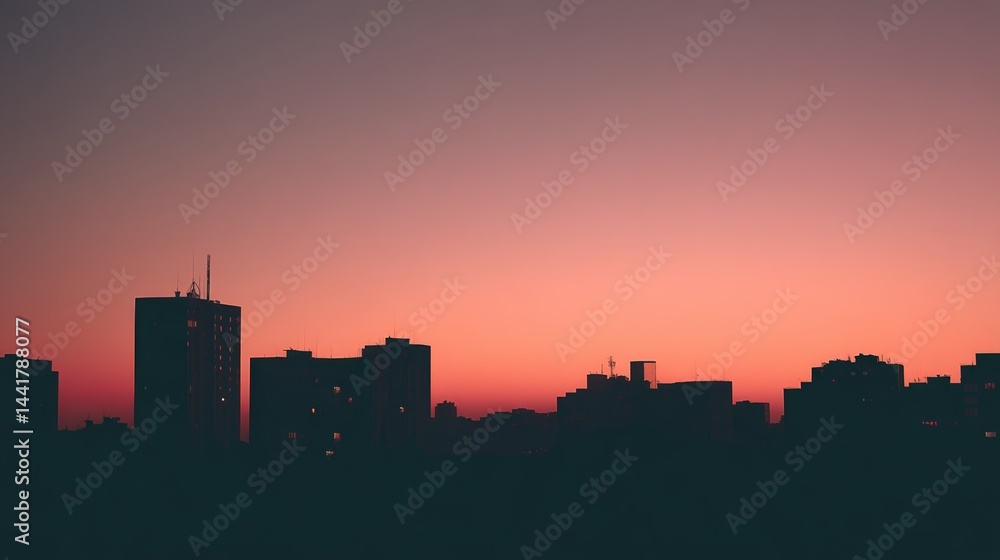 Fototapeta premium City skyline silhouette against a warm dusk sky, urban simplicity meets serene twilight.