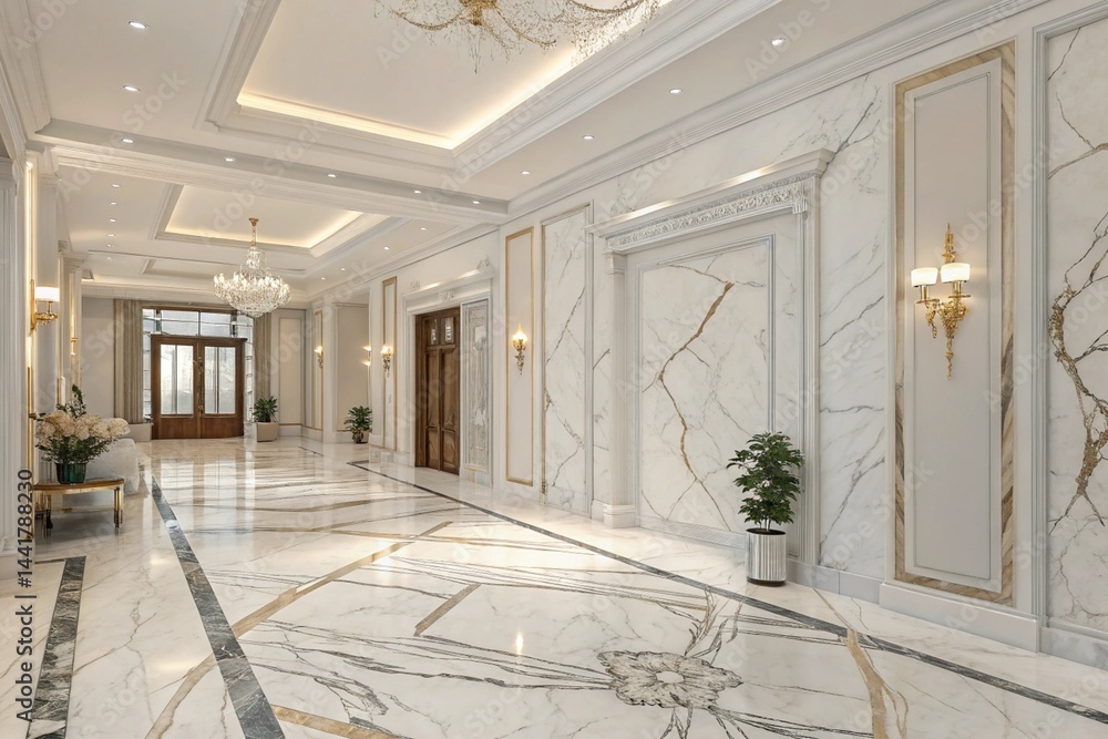 Fototapeta premium Luxurious hotel lobby, expansive marble floors,, natural light, modern chandelier, minimalist reception desk, white and gold color scheme, elegant interior design. Hallway