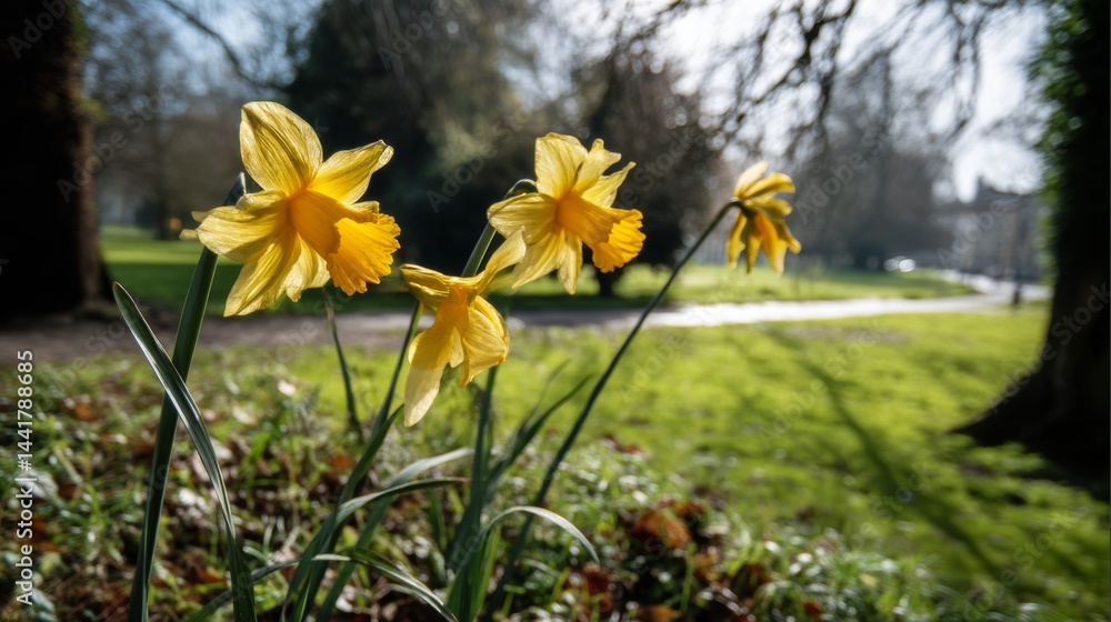 Obraz premium three daffodils in the park beautiful sunny day