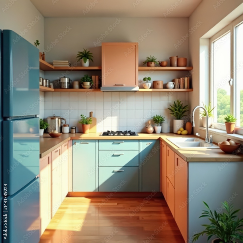 Fototapeta premium Minimal kitchen setup with cluttered countertops, home decor, clutter, kitchen essentials