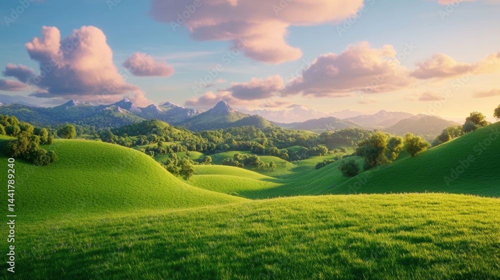 Obraz premium illustration of Summer fields landscape with a dawn,Rainbow, green grass hills, bright color blue sky, country background,banner resting vacation.