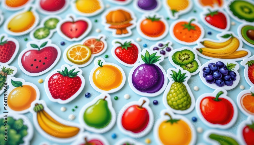 Naklejka premium Vibrant fruit and vegetable stickers for the health conscious.