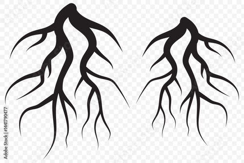Root logo icon design vector. Root of the tree. Black silhouette. Vector illustration on Transparent Background. EPS 10.