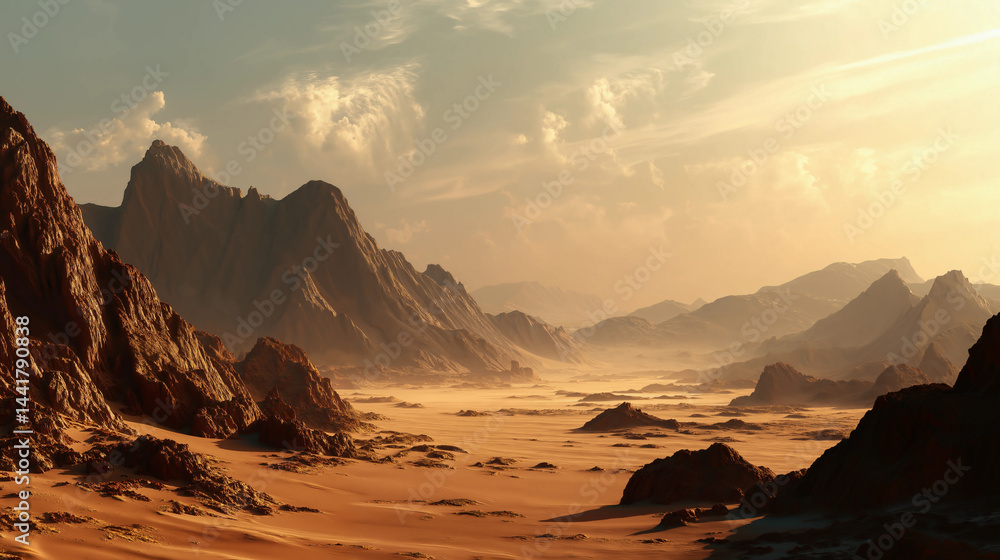 Naklejka premium A vast Martian desert landscape with towering rocky mountains and expansive sand dunes, bathed in warm sunlight, evoking a sense of isolation.