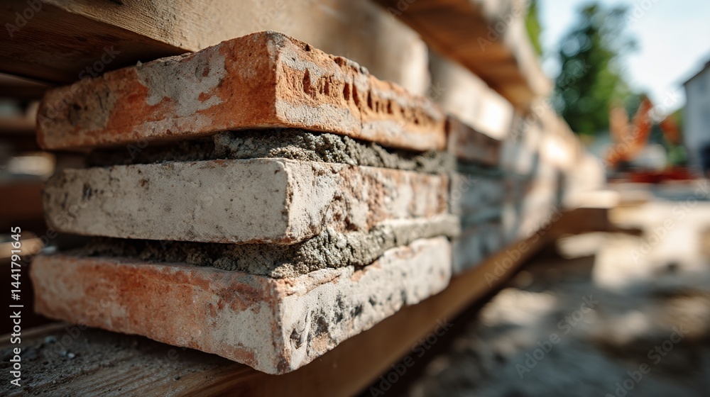 Stacked brick wall with fresh mortar texture, morning light casting soft shadows, a glimpse of construction progress in the backdrop Stacked brick wall with fresh mortar texture, morning light casting soft shadows, a glimpse of construction progress in the backdrop