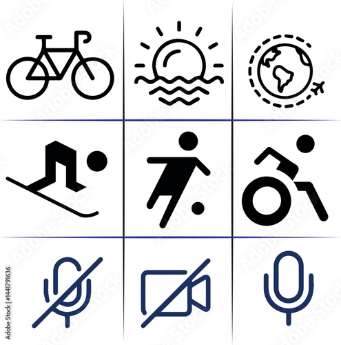 Collection of Nine Simple Line Icons Representing Activities and Features