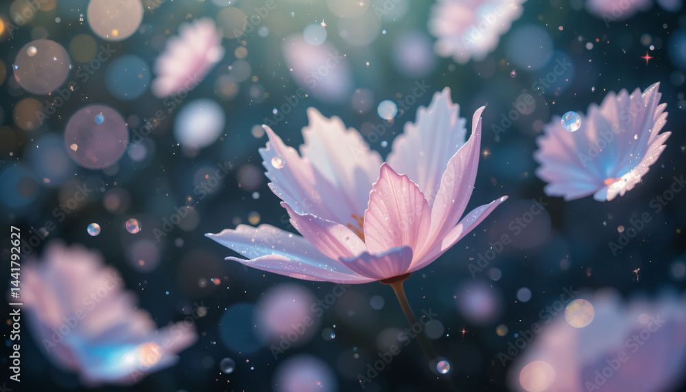 Pink Flowers Blooming In Dark Background With Soft Lighting Pink Flowers Blooming In Dark Background With Soft Lighting