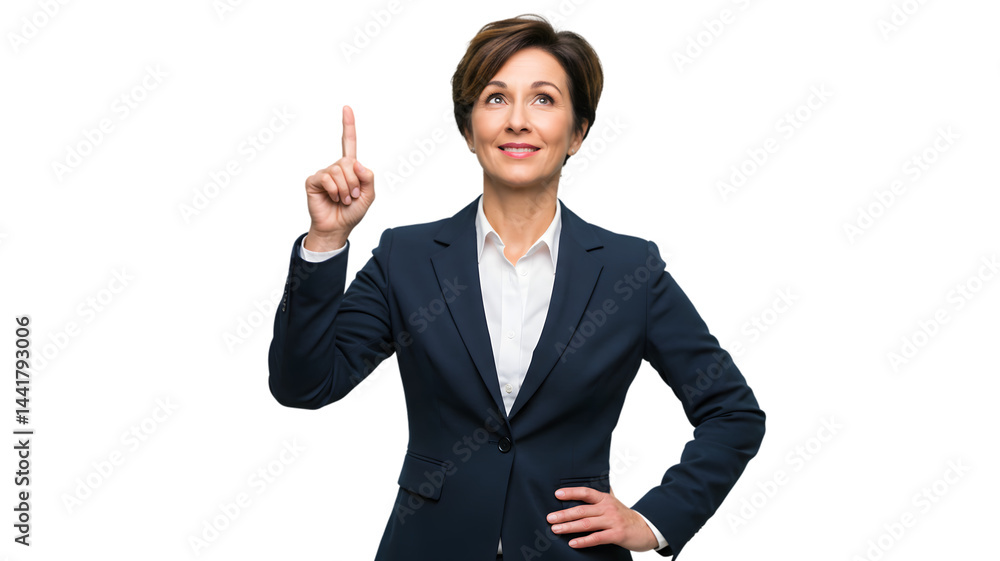 Business woman pointing up idea concept professional leadership success inspiration corporate executive portrait on transparent background Business woman pointing up idea concept professional leadership success inspiration corporate executive portrait on transparent background