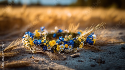 Blue and yellow floral wreath with wildflowers, celebrating Swedish National Day in a warm festive spirit.