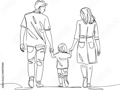 Minimalist black linear sketch of a happy family with parents and a child holding hands walking together depicted in continuous line art drawing style isolated on white background