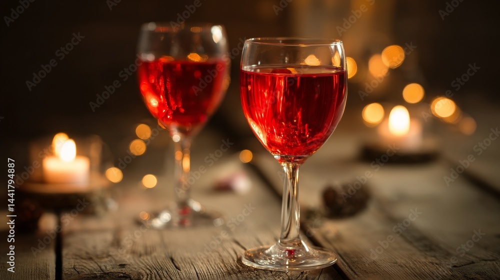 Two wine glasses with red liquid on a wooden table - A cozy moment of shared indulgence Two wine glasses with red liquid on a wooden table - A cozy moment of shared indulgence