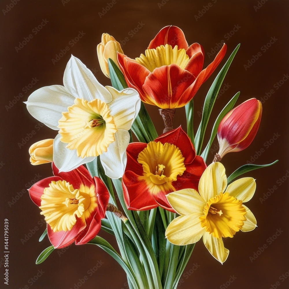 Fototapeta premium vibrant bouquet of red and yellow tulips mixed with white and yellow daffodils on green stems against a warm brown background, evoking fresh springtime energy