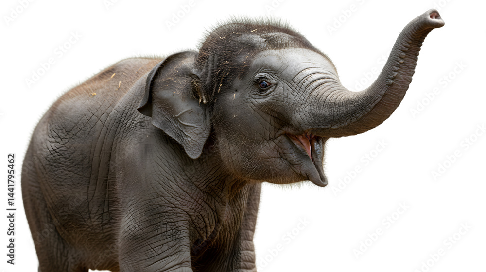 Obraz premium Asian elephant calf with trunk up close up portrait wildlife animal photography zoo animal baby elephant on transparent background