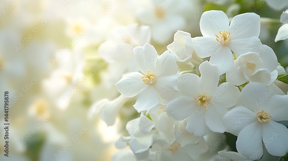 Obraz premium Serene Arrangement of White Flowers with Golden Stamens in Soft Sunlight Setting