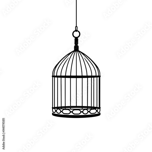 Empty Hanging Birdcage Black and White Illustration