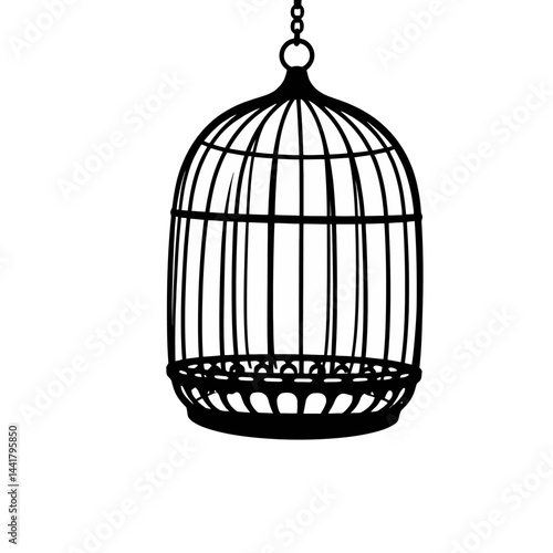 Empty Birdcage Hanging Illustration Black and White