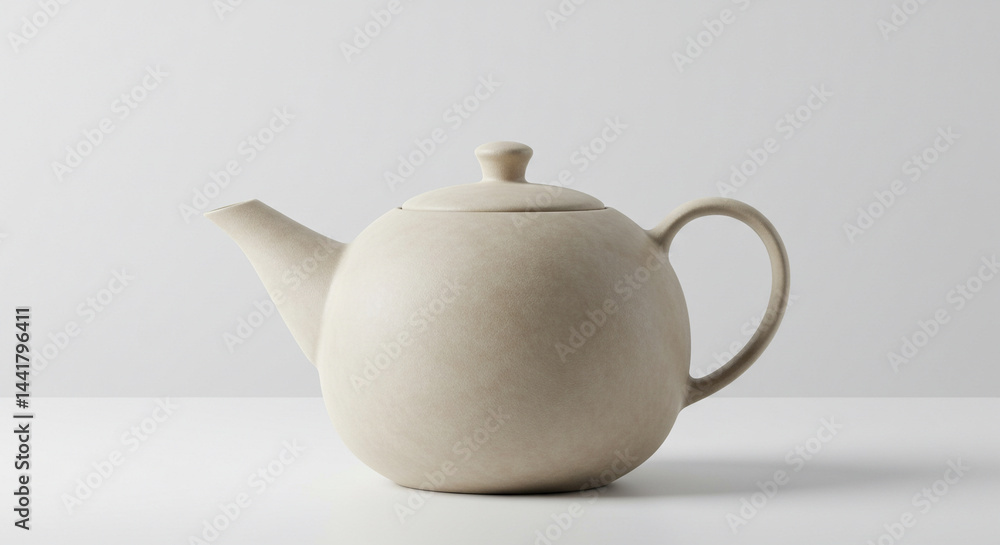 Beige Teapot Sits on White Surface, Offering Warmth and Serenity, Still Life Beige Teapot Sits on White Surface, Offering Warmth and Serenity, Still Life