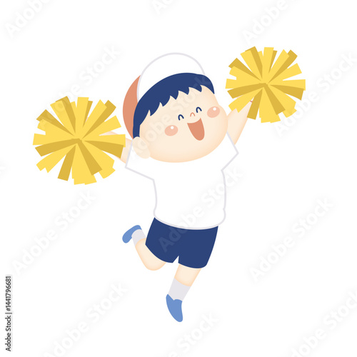 ポンポンを持って踊る体操服の男の子のイラスト1