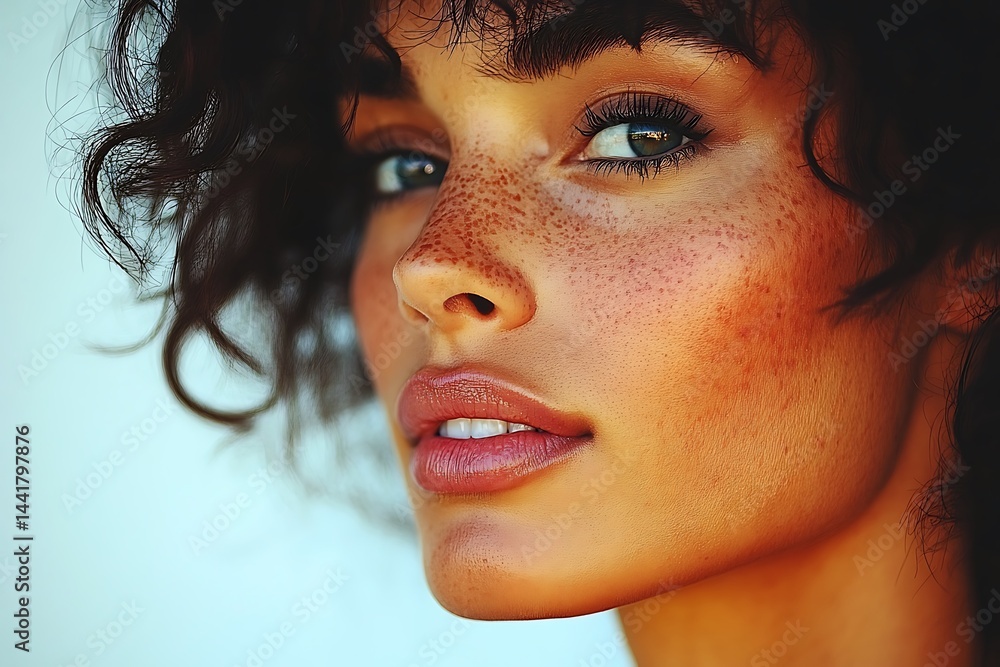 Close-up portrait of a woman with freckles and curly hair. Close-up portrait of a woman with freckles and curly hair.