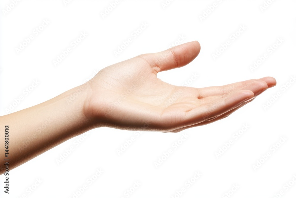 A caucasian hand with an open palm extended upward against a plain white background in a studio shot A caucasian hand with an open palm extended upward against a plain white background in a studio shot