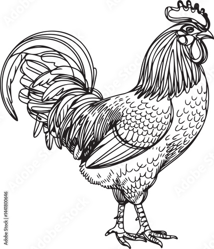 Minimalist continuous line art black linear sketch of a rooster with a vibrant red comb and wattles standing proudly drawn in an elegant style on a clean white background