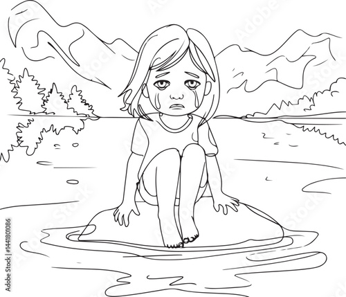 Continuous line art drawing style of a sad little girl sitting alone on a rock surrounded by serene mountains and trees drawn in black linear style isolated on white background
