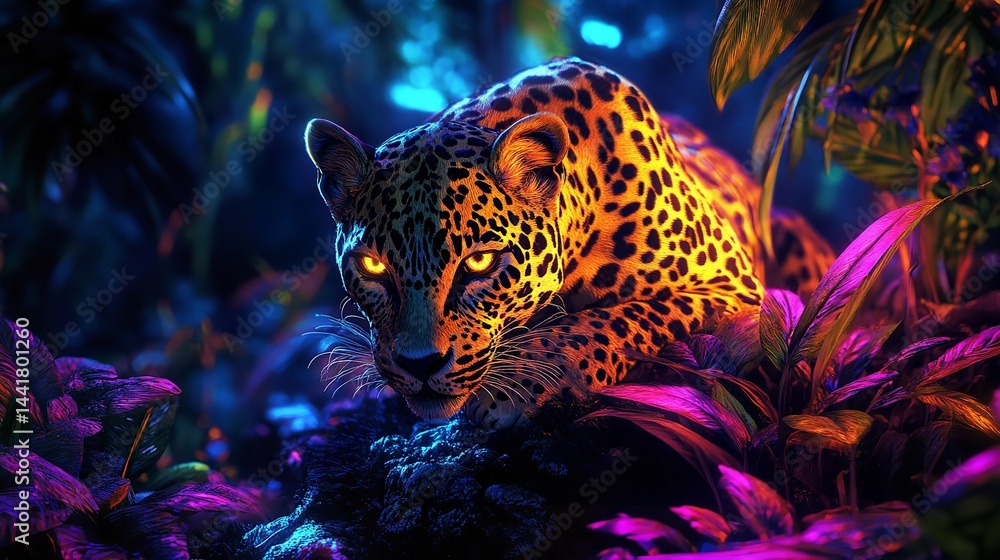Majestic jaguar glowing in vibrant neon jungle intense gaze dark background digital art