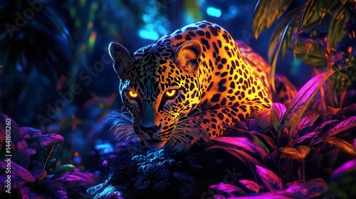 Obraz na płótnie Majestic jaguar glowing in vibrant neon jungle intense gaze dark background digital art w salonie