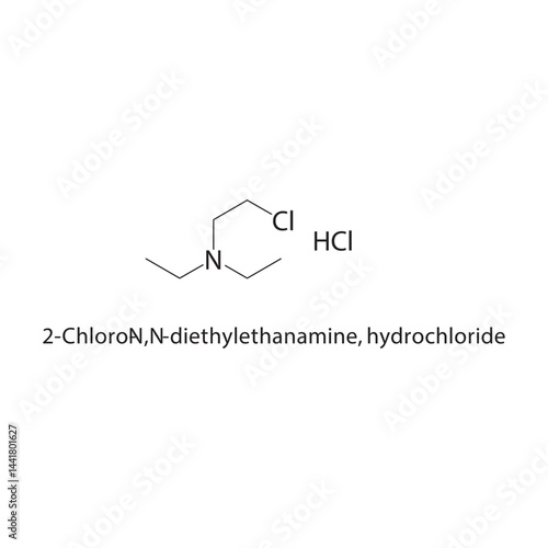 2-Chloro-N,N-diethylethanamine, hydrochloride skeletal structure. Chlorinated Amine Salt compound schematic illustration. Simple diagram, chemical formula.