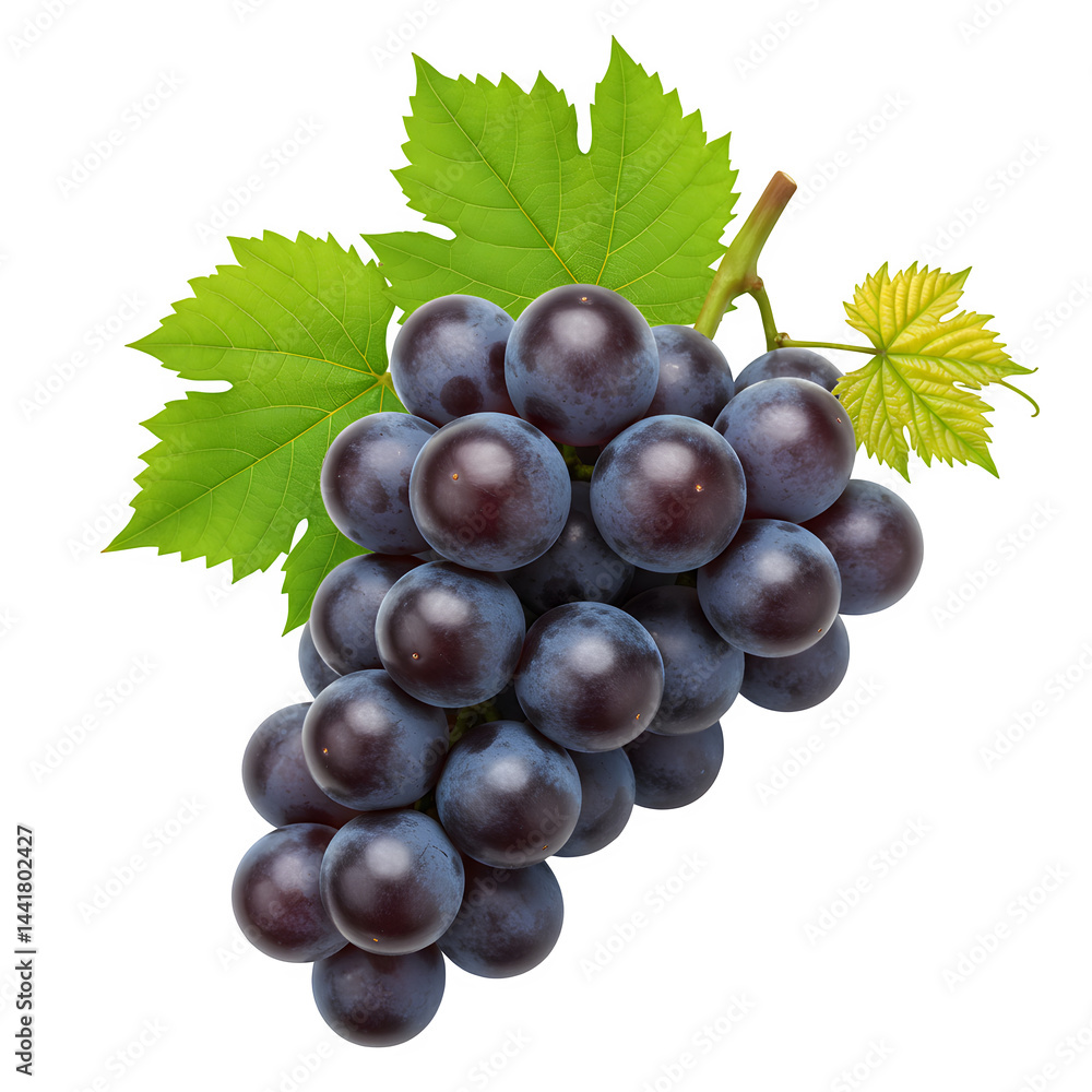 Fototapeta premium Grapes with leaves isolated on white or transparent background png