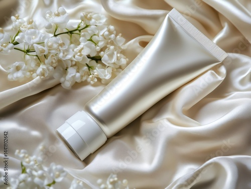 Cosmetic tube lying on silk fabric with white flowers