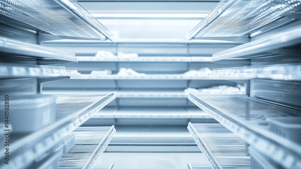 Empty supermarket shelves with bare metal rack, minimalist composition showing scarcity and lack of products. Concept of supply chain issues, retail challenges and economic crisis.