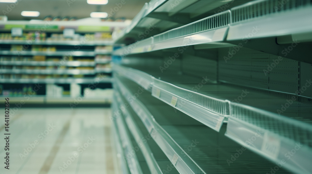 Empty supermarket shelves with bare metal rack, minimalist composition showing scarcity and lack of products. Concept of supply chain issues, retail challenges and economic crisis.