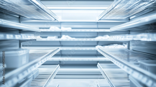 Obraz na płótnie Empty supermarket shelves with bare metal rack, minimalist composition showing scarcity and lack of products. Concept of supply chain issues, retail challenges and economic crisis. w salonie