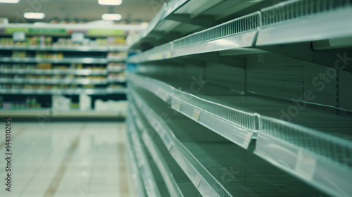 Obraz na płótnie Empty supermarket shelves with bare metal rack, minimalist composition showing scarcity and lack of products. Concept of supply chain issues, retail challenges and economic crisis. w salonie