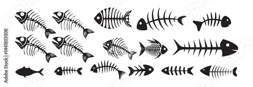 Fish bone icons, fishbone isolated skeleton vector silhouettes. Fish bone symbol. Cats food sign. spine line pictogram. Vector Illustration Eps 10