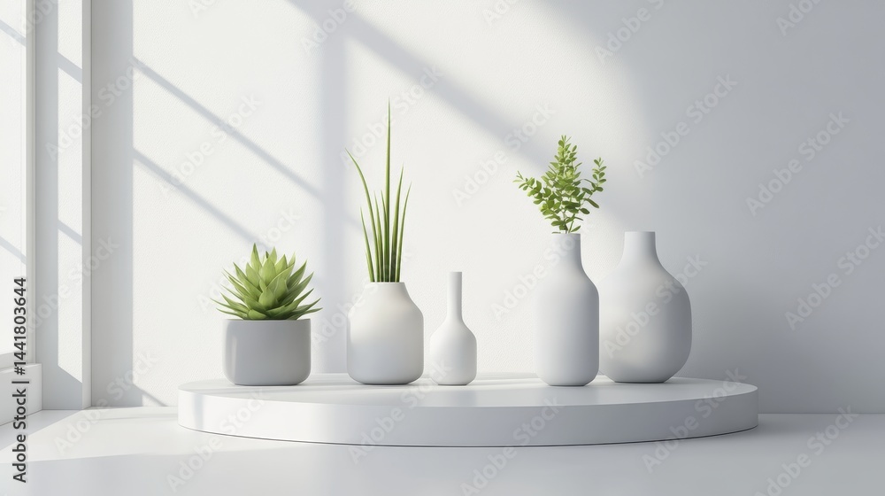 Modern display of minimalist plants and vases. Modern display of minimalist plants and vases.